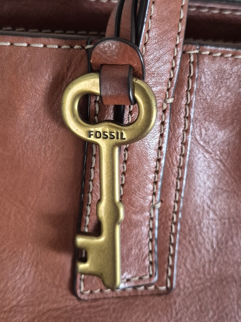 Fossil Emma Tote Leather Zip Top Tote Shoulder Bag Double Handle Purse Cognac - Picture 7 of 13